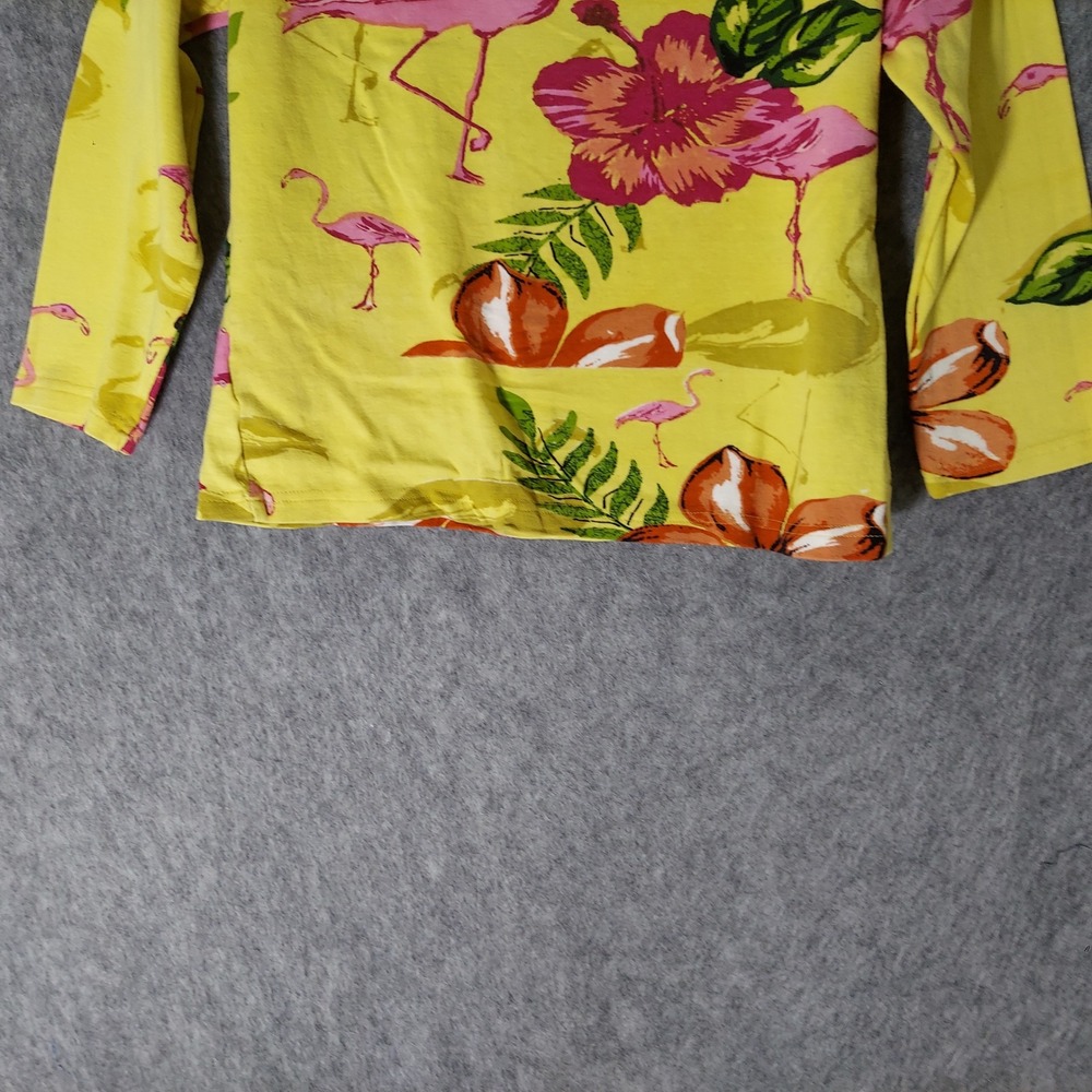 VTG Jane Ashley 100% Cotton Top S Petite Yellow Tropical Flamingo Embellished - Picture 6 of 7